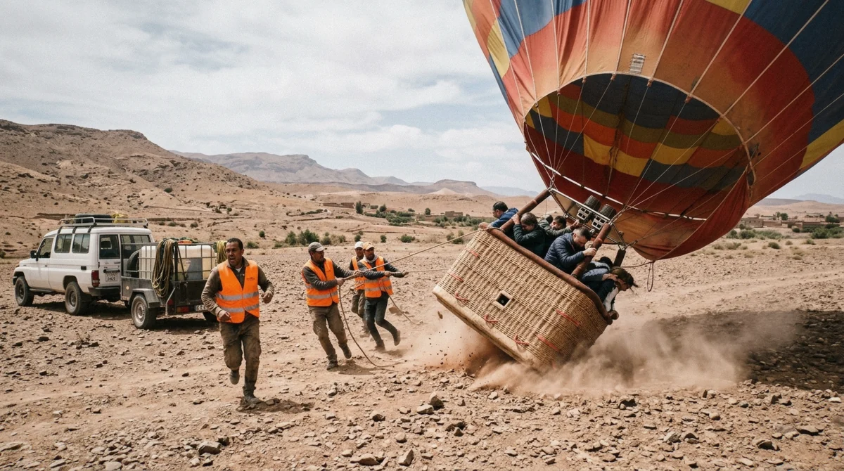 Ground crew holding the ropes as a basket lands on a hot air balloon Marrakech flight