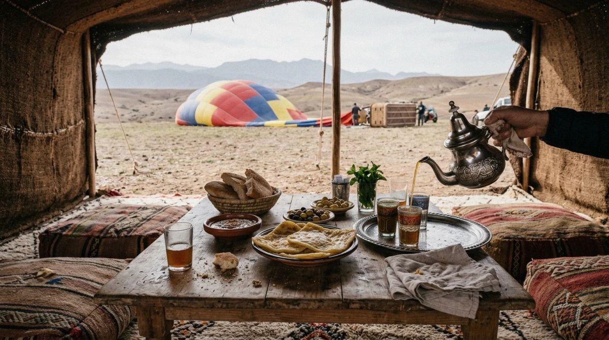 Msemen, bread, amlou and mint tea in a Berber tent after a hot air balloon Marrakech flight